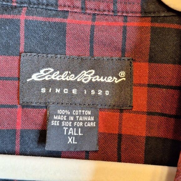 Eddie Bauer Mens Size XL Tall Button Down Shirt Red Black Plaid Long Sleeves - Picture 7 of 7
